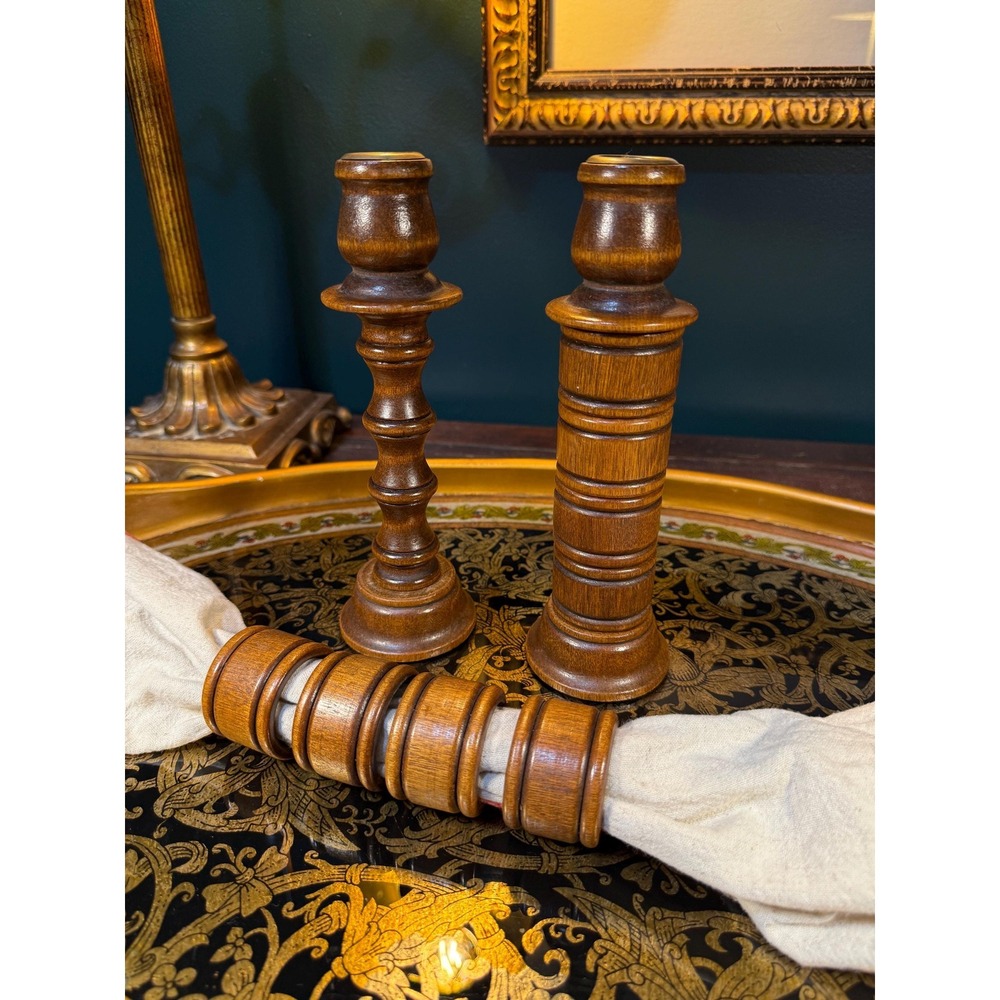 Vintage Wood Candlesticks with Hidden Napkin Rings – Set‎ of 2 8.25" Tall